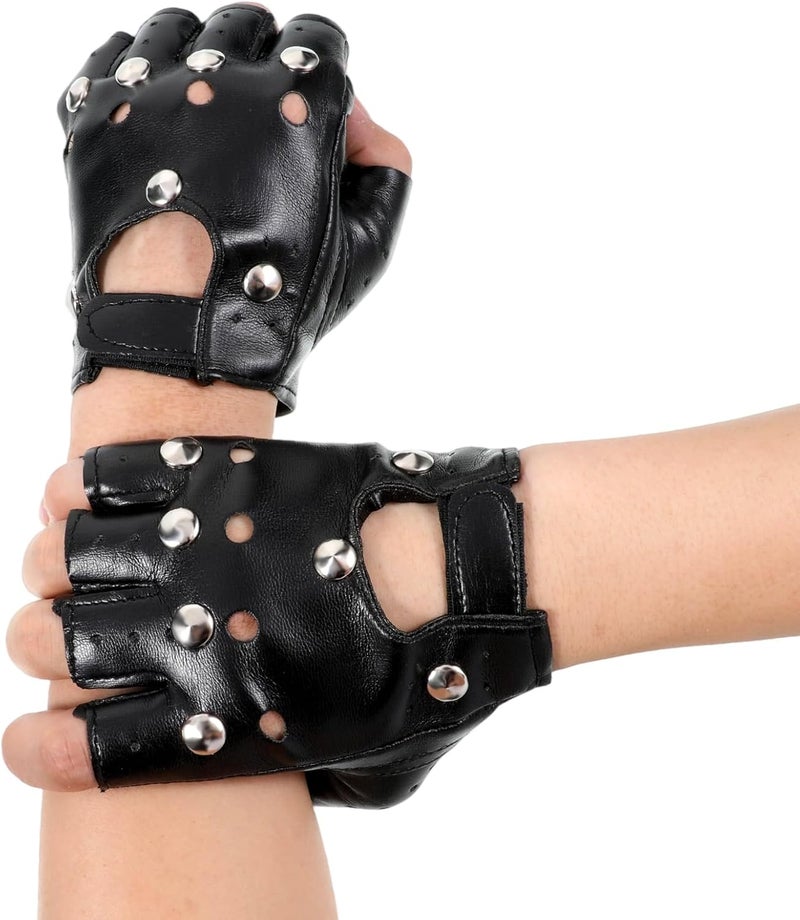 Styquenzer Black Leather Motorcycle Gloves, Gothic Fingerless Gloves Men Women, Fingerless Dancing Mittens Steampunk Retro Punk Biker Glove for Men Women Adults - Image 1